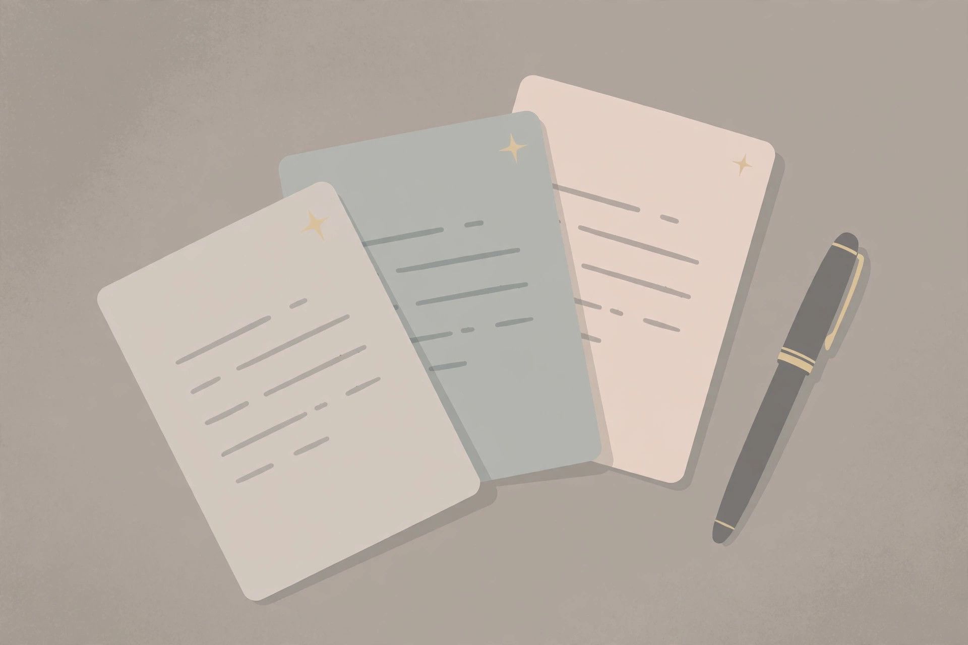 Minimal flat illustration of three document cards and a pen on a gray desk